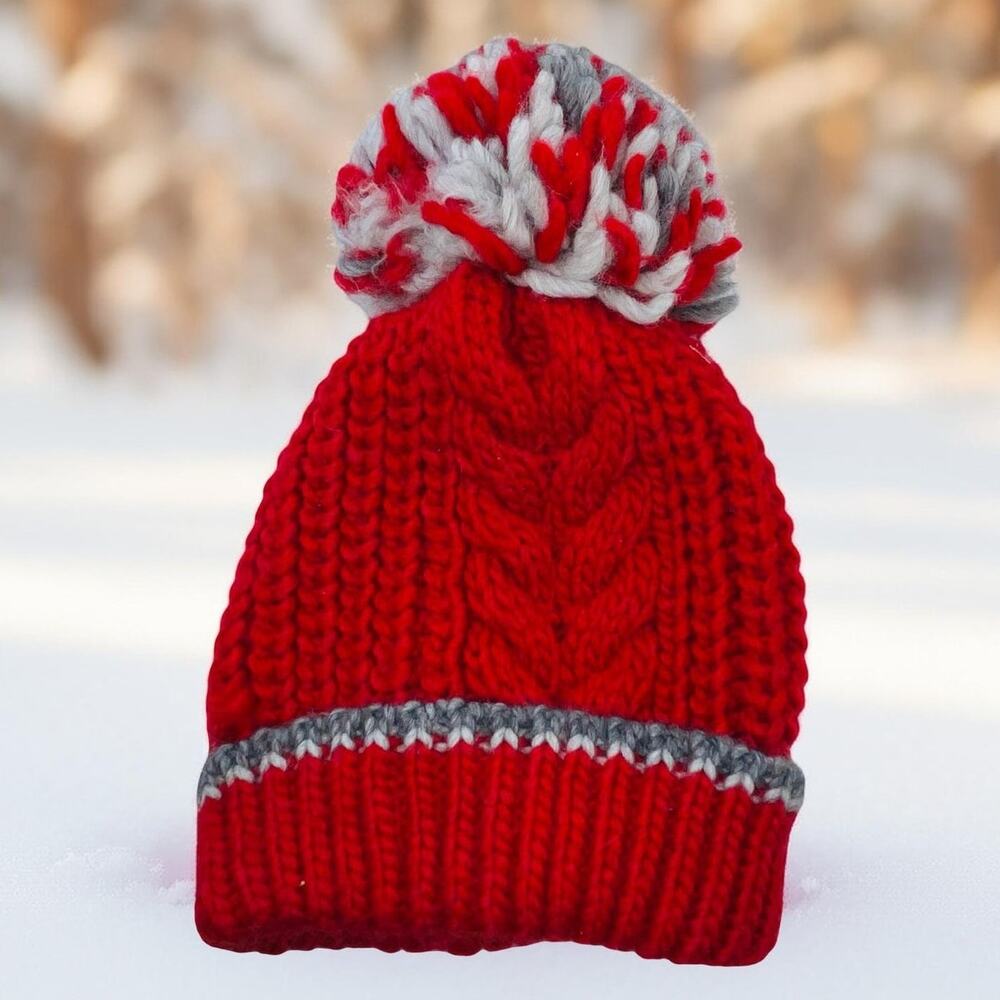 Gelso Bianco Italy Wool Alpaca Blend Beanie Hat Red Gray Pom Pom Luxury Knit VTG